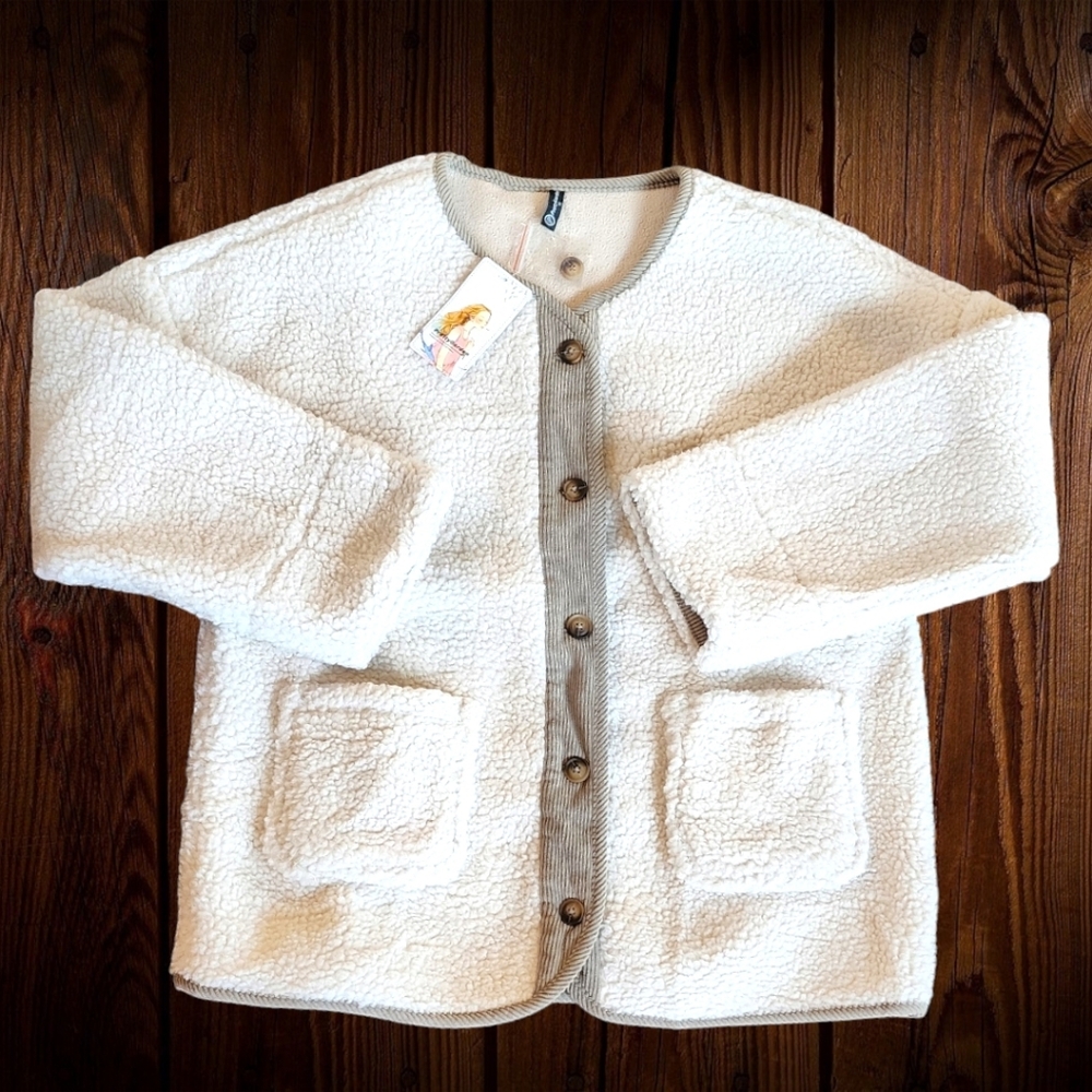 NWT Pretty Garden Cream Sherpa Fleece Crewneck Button Up Shacket
